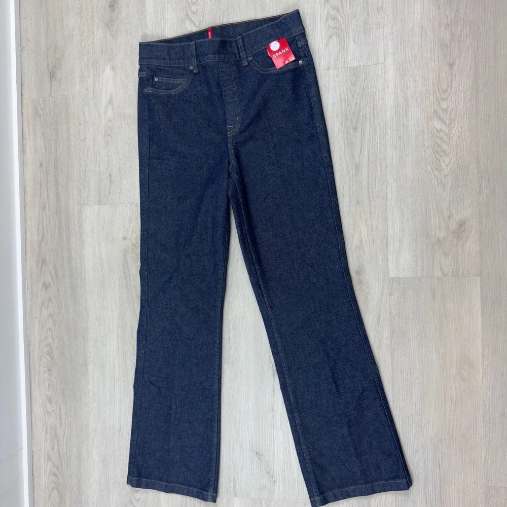 Spanx Cropped Kick Flare Jeans Womens Large Tall Raw Indigo Wash Pull On 20699T